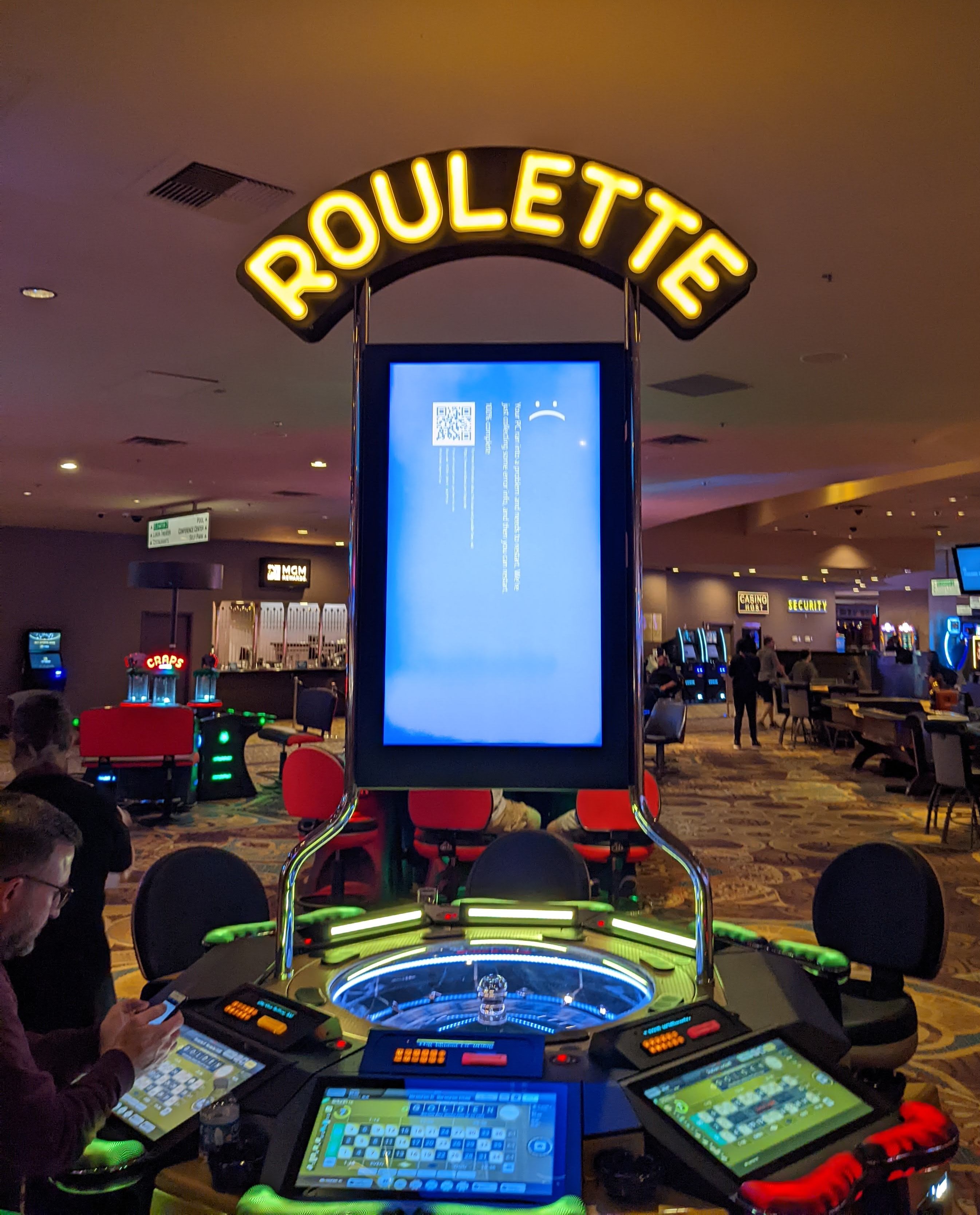 Casino roulette machine showing a Blue Screen of Death